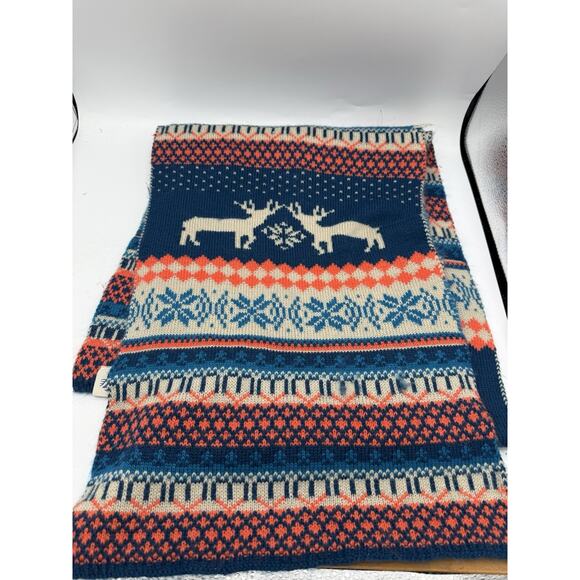 Jack Wills Fair Isle Knit Scarf Blue Red Cream Reindeer Snowflake Winter Wool - Picture 1 of 6